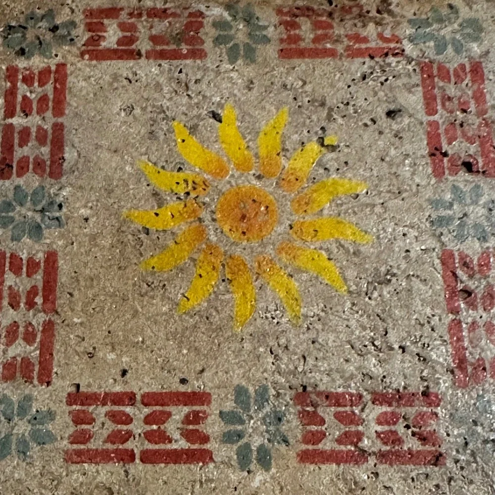 Vintage Travertine Stone Coaster Sunburst Sun Geometric Red Green Tan 6 x 6 Tile